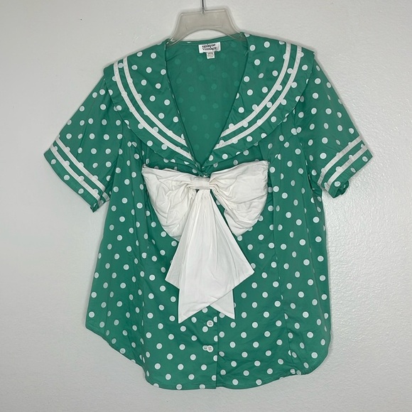 Unique Vintage Tops - Unique Vintage Green White Polka Dot Bow Top Short Sleeve Blouse Size 2X /18